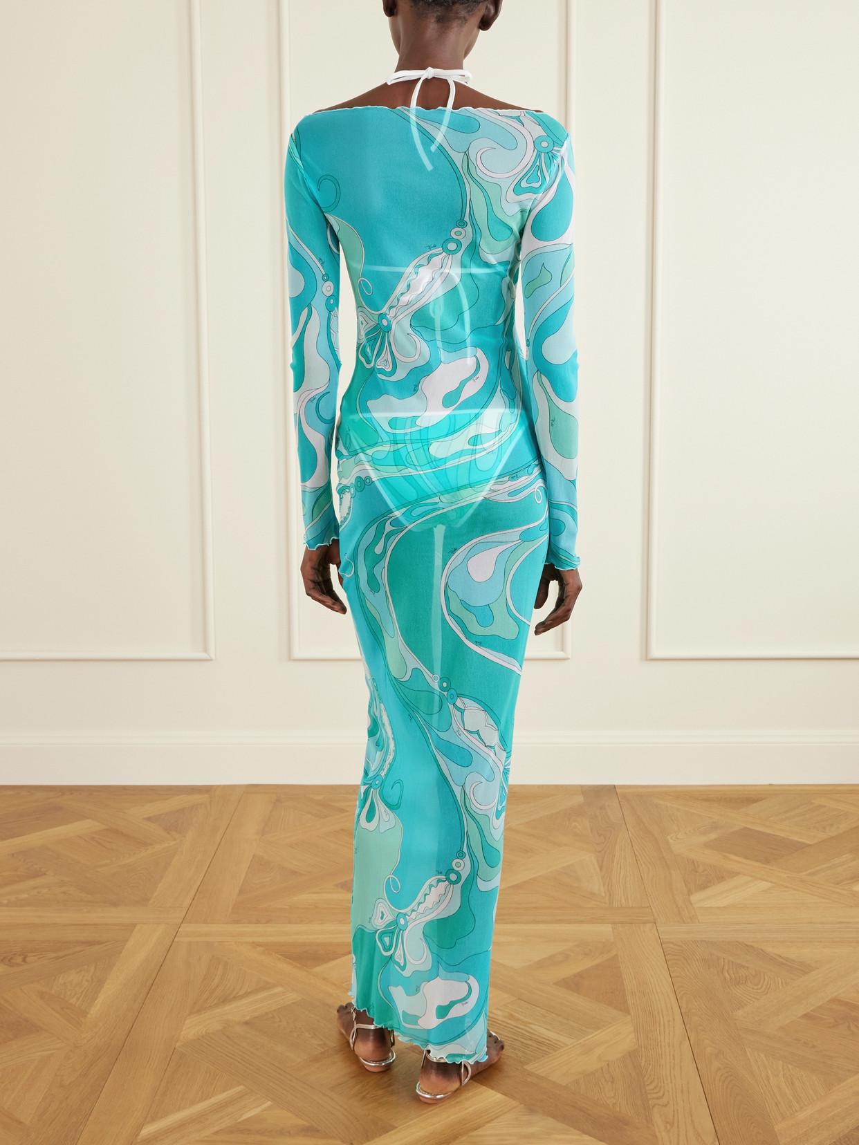 PUCCI Ruffled Printed Tulle Maxi Dress in Blue | Lyst