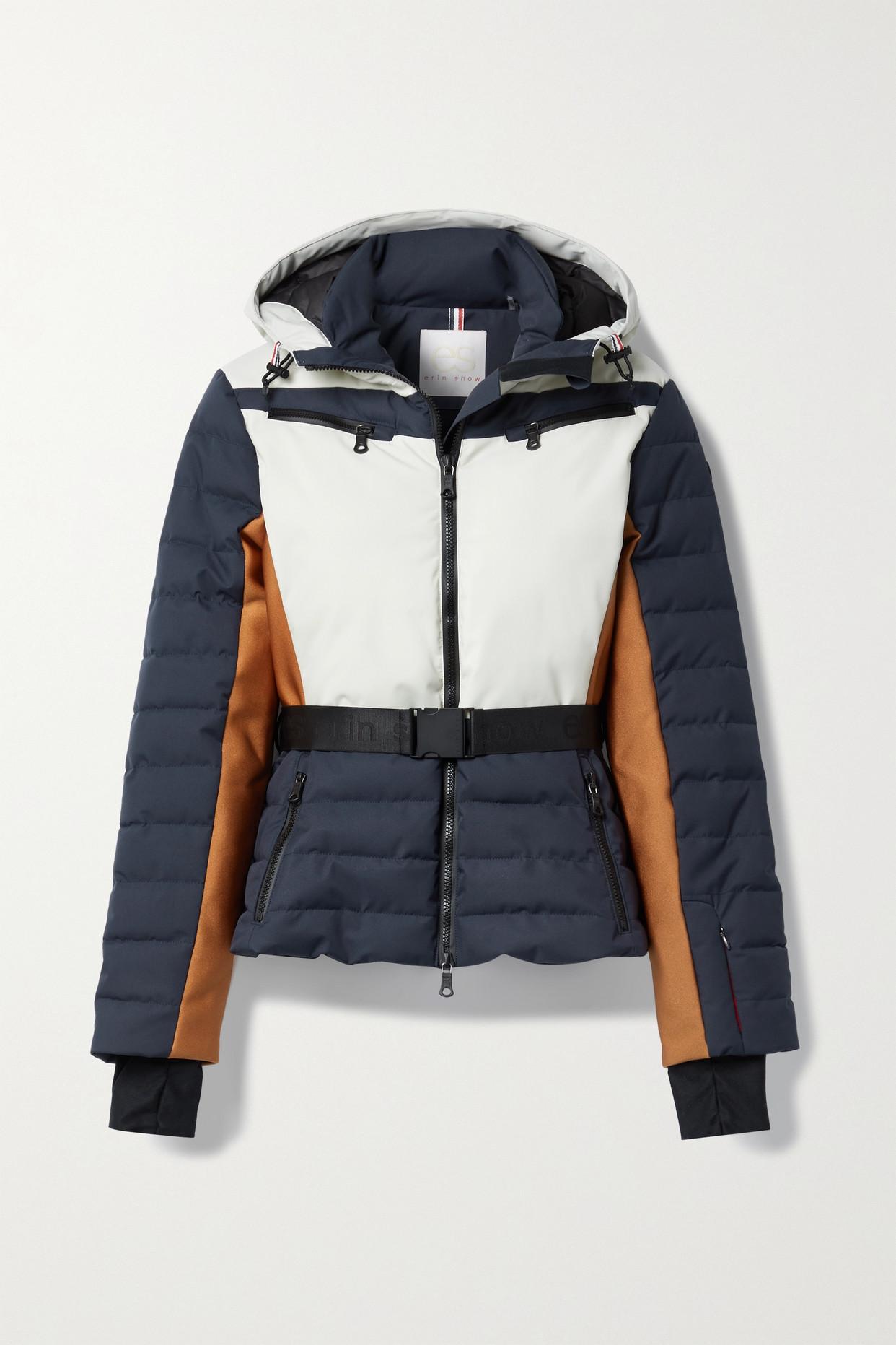 Erin Snow + Net Sustain Kat Ii Hooded Belted Color-block Recycled-eco  Sporty Ski Jacket in Blue