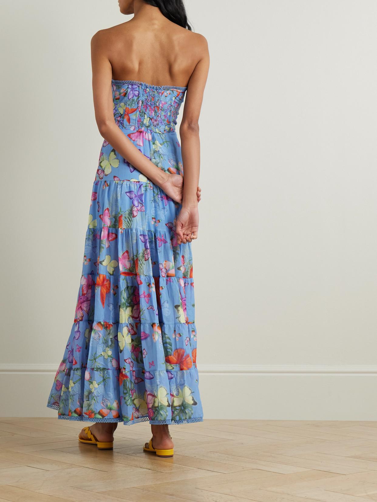 Charo Ruiz Danny Strapless Tiered Printed Cotton-Blend Maxi Dress in Blue |  Lyst
