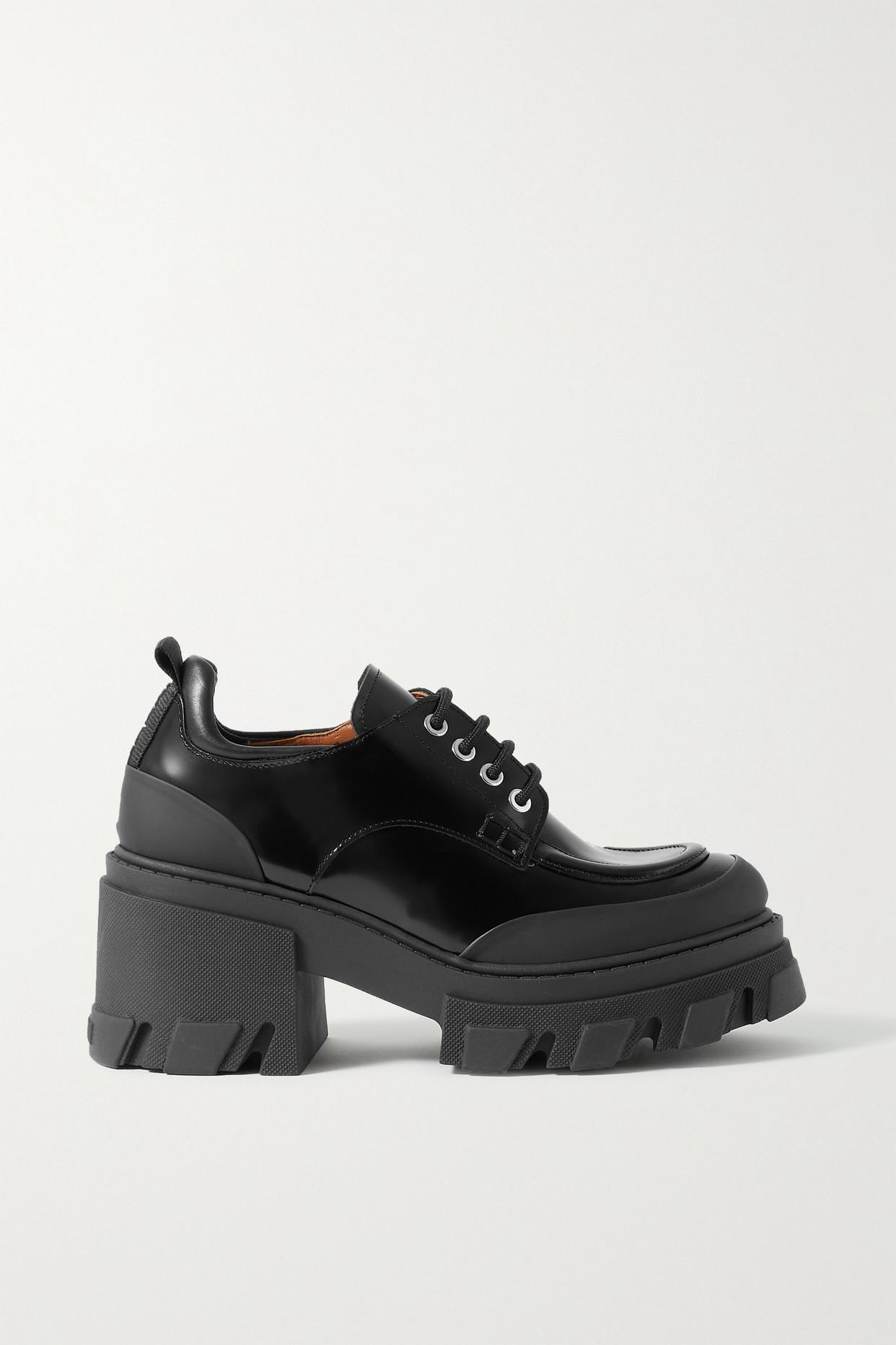 Ganni Derby Rubber-trimmed Patent-leather Loafers in Black | Lyst