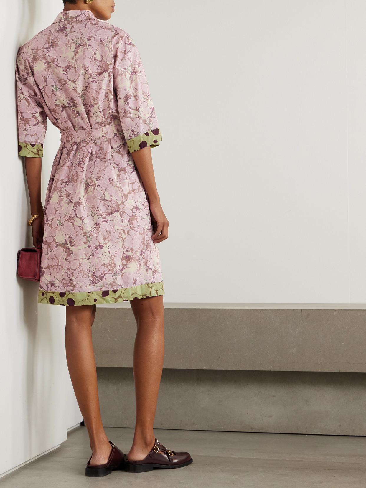 Dries Van Noten Belted Printed Cotton-Poplin Mini Shirt Dress in
