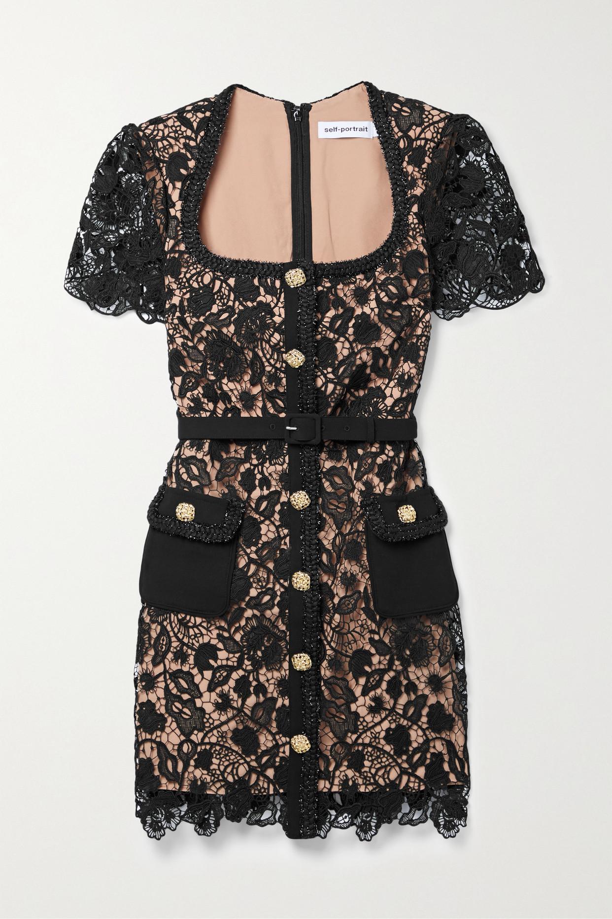 Self Portrait Embellished Belted Guipure Lace Mini Dress in Black