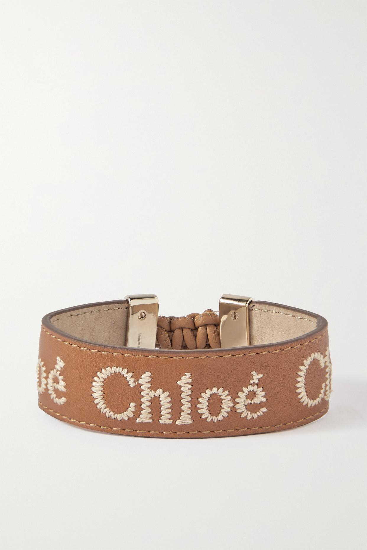 Chloé + Net Sustain Woody Embroidered Leather And Gold-tone Bracelet in  Brown | Lyst