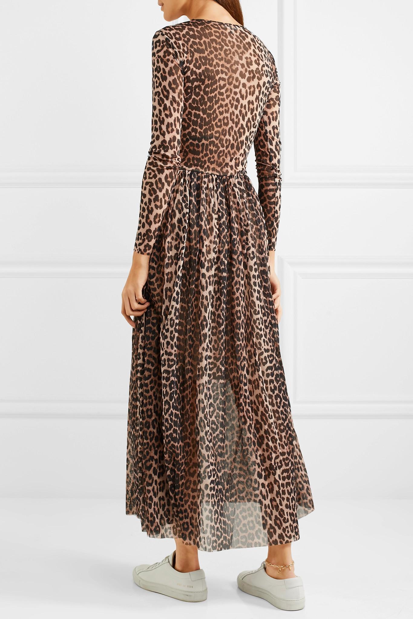 zadel Torrent Overblijvend Ganni Tilden Leopard-print Stretch-mesh Dress in Brown | Lyst