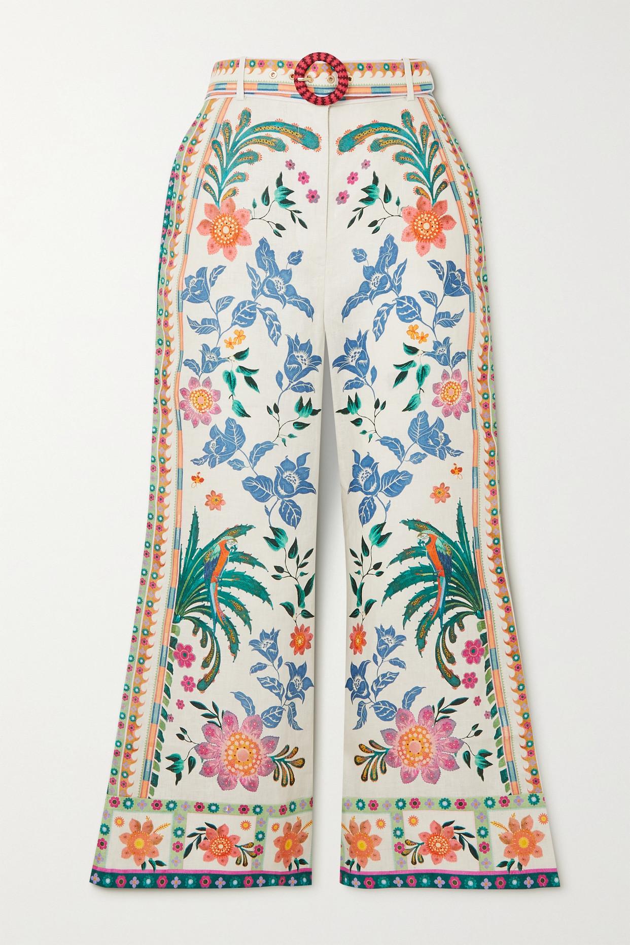 Zimmermann Ginger Belted Cropped Floral-print Linen Flared Pants