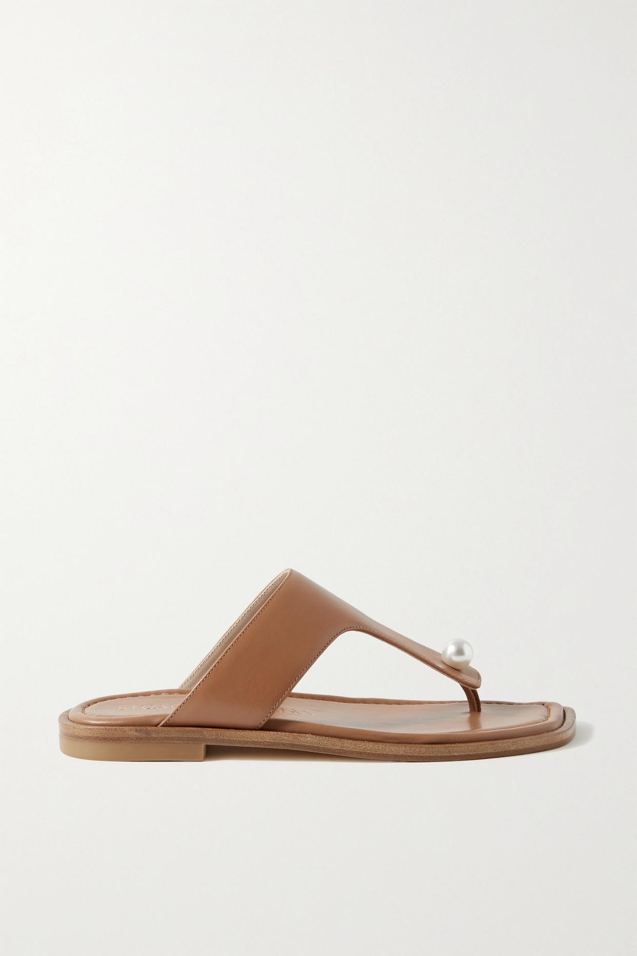 Stuart Weitzman Goldie Faux Pearl-embellished Leather Sandals in Brown |  Lyst