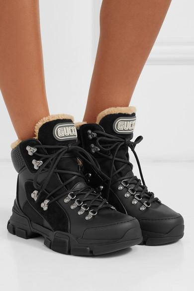 Gucci Flashtrek Shearling-trimmed Leather, Canvas And Suede Boots in Black  | Lyst