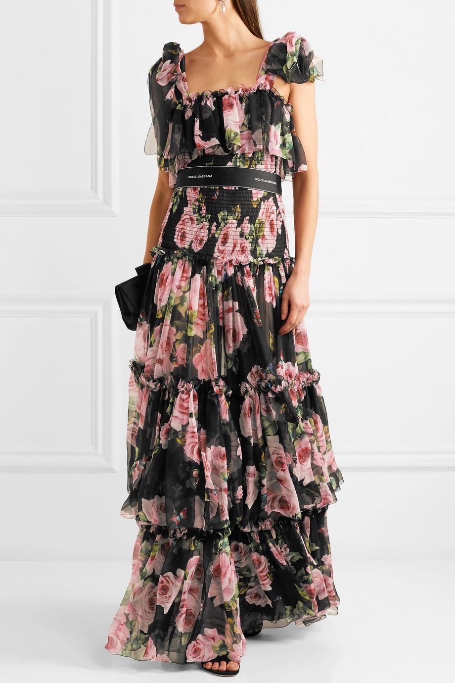 Dolce & Gabbana Shirred Floral-print Silk-chiffon Gown Black | Lyst