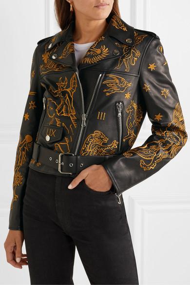 Moschino Embroidered Leather Biker Jacket in Black | Lyst