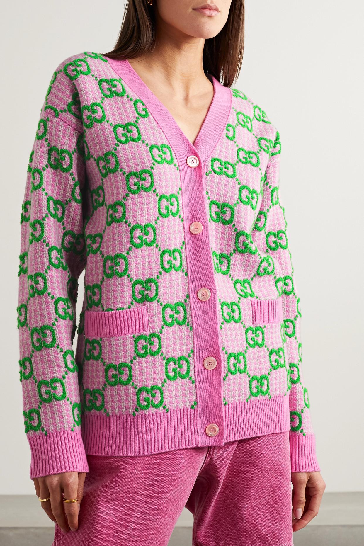 Gucci Pink/Green Wool Embroidered Kingsnake Sweater Size S - Yoogi's Closet