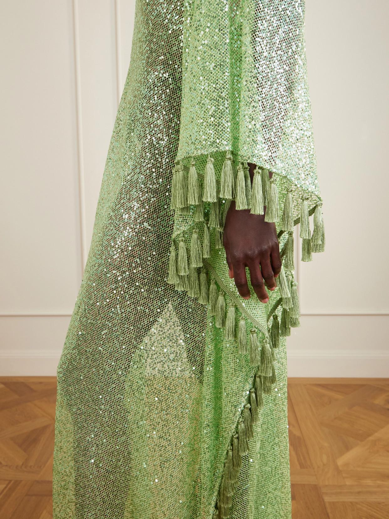 slim fit dress slacks GIANINA FRINGED COWL NECK MAXI DRESS IN GREEN – AKIRA main image 1