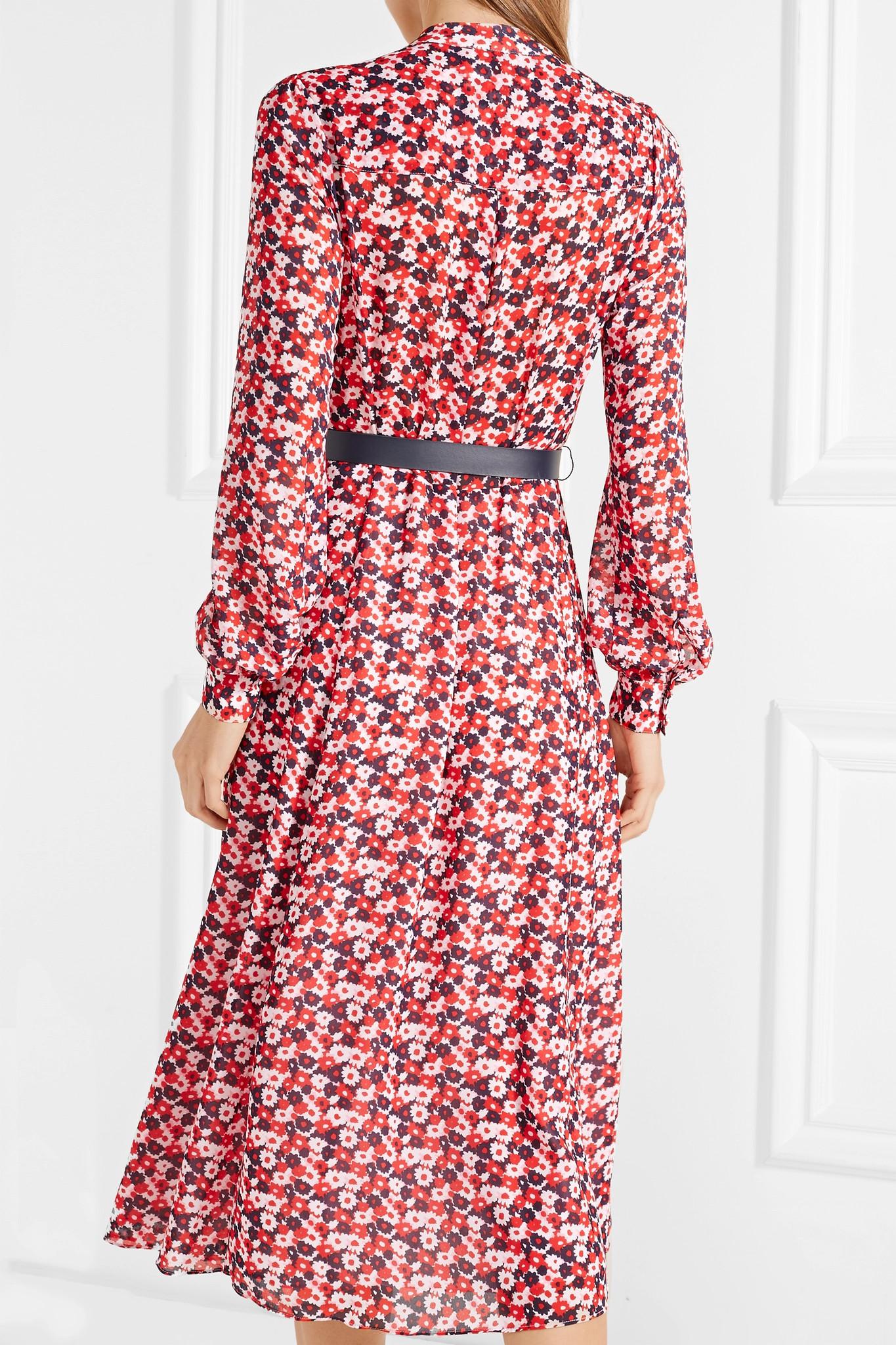 MICHAEL Michael Kors Belted Floral-print Crepe Midi Dress in Red | Lyst