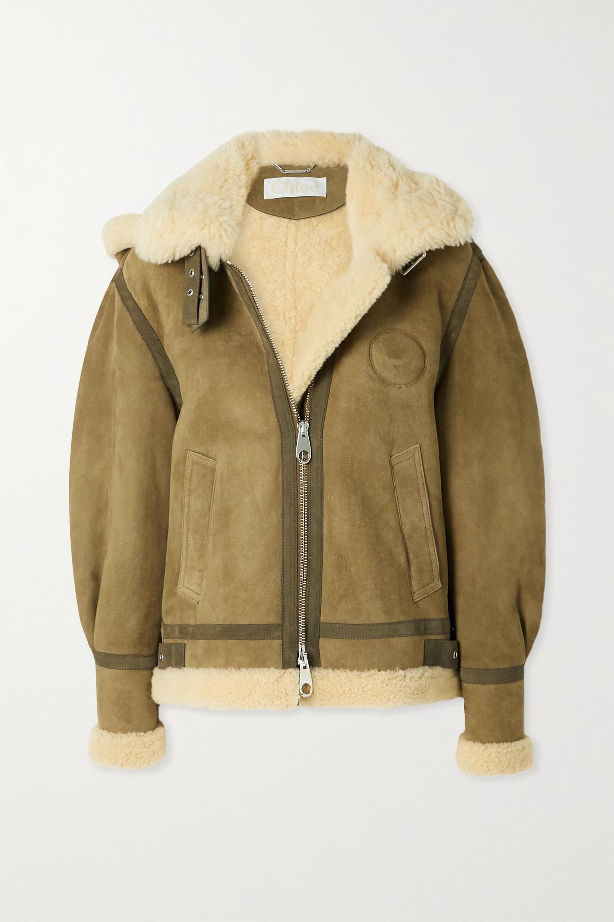 Chloé Hooded Suede-trimmed Shearling Jacket in Green | Lyst