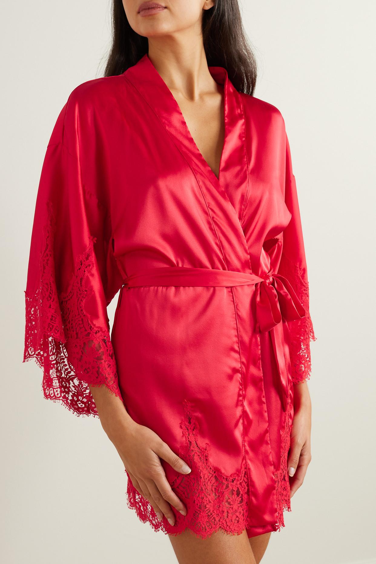 Coco De Mer Marella Lace trimmed Satin Robe in Red Lyst UK