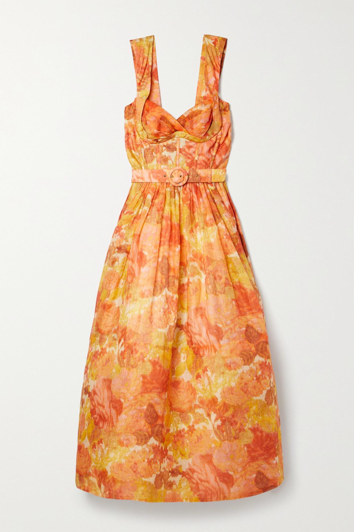 Zimmermann High Tide Belted Floral-print Linen And Silk-blend Midi Dress in  Orange | Lyst