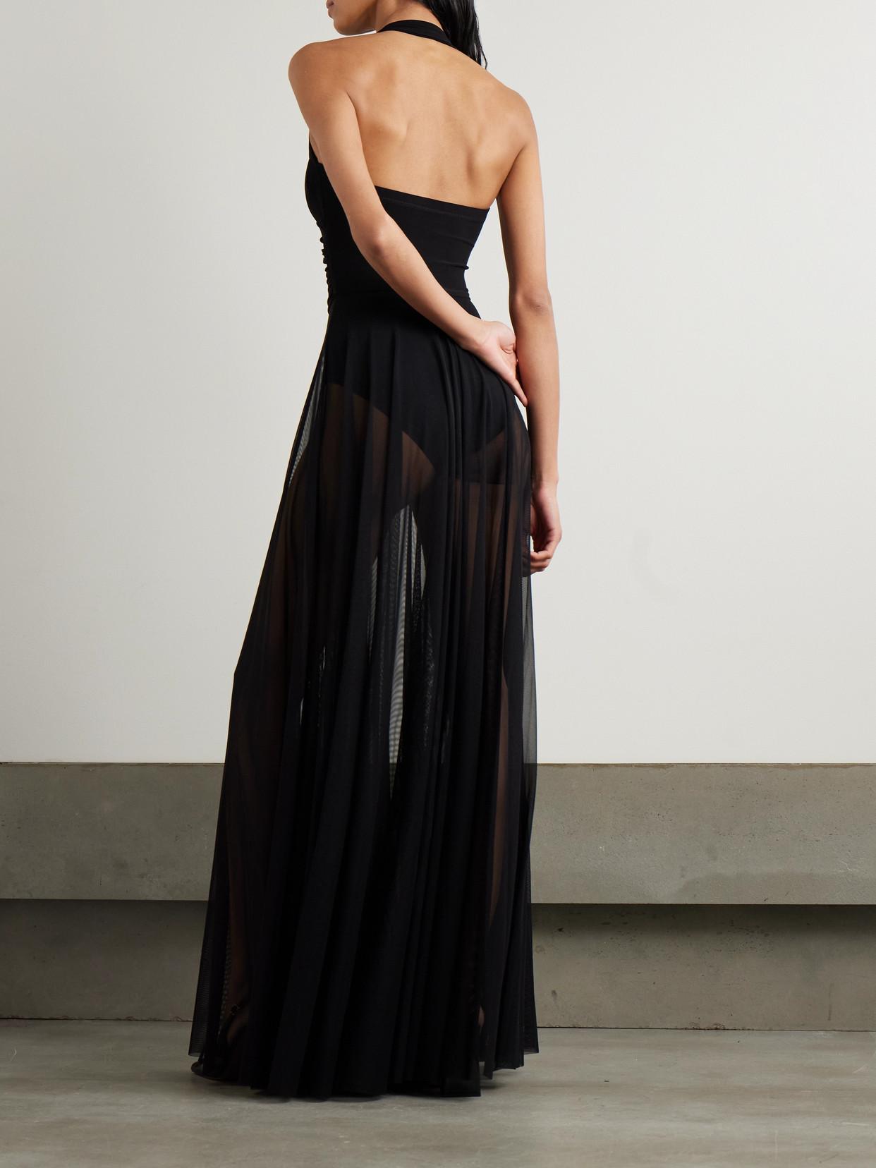 Norma Kamali Cayla Pleated Stretch-Jersey And Mesh Halterneck Maxi Dress in  Black | Lyst