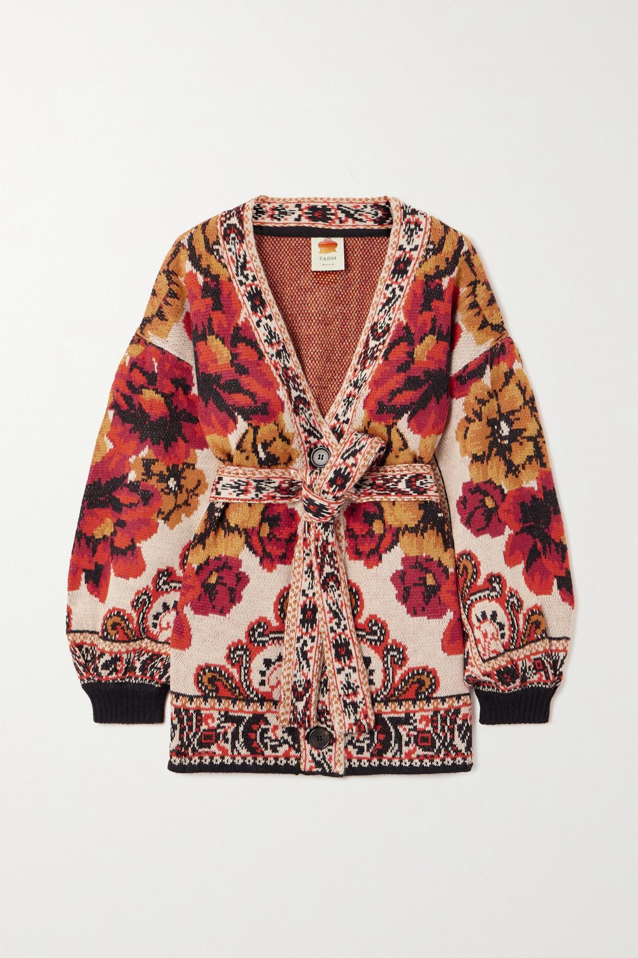 FARM Rio Belted Jacquard-knit Cardigan in Red | Lyst UK