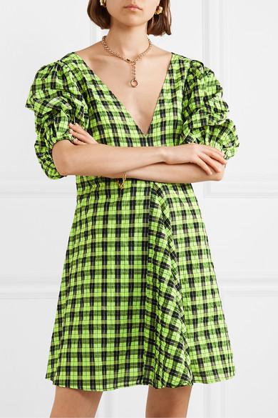 Ganni Checked Cotton-blend Seersucker Mini Dress in Green | Lyst UK