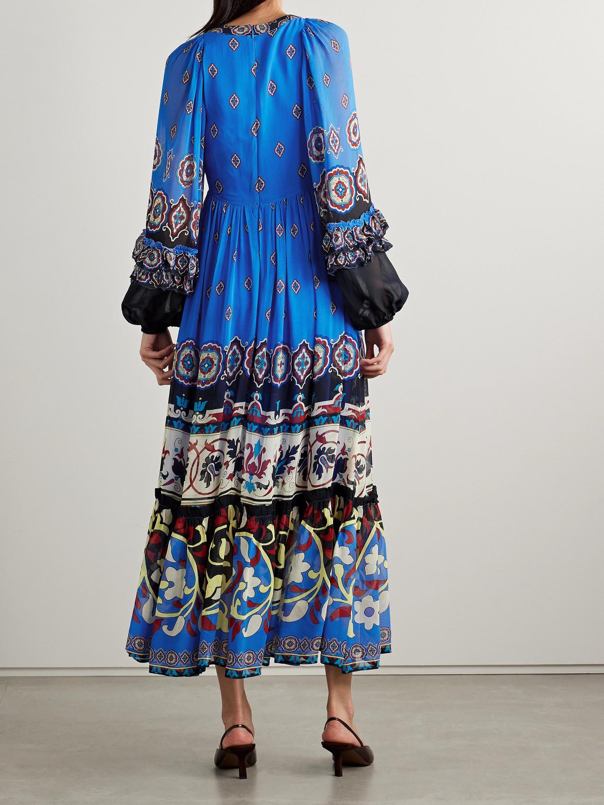FARM Rio Ainika Gathered Printed Georgette Maxi Dress in Blue | Lyst