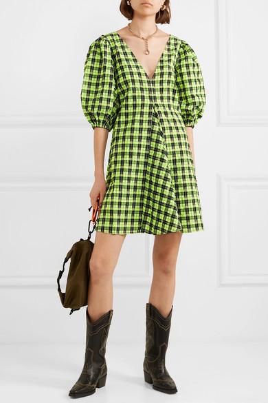 Ganni Checked Cotton-blend Seersucker Mini Dress in Green | Lyst UK