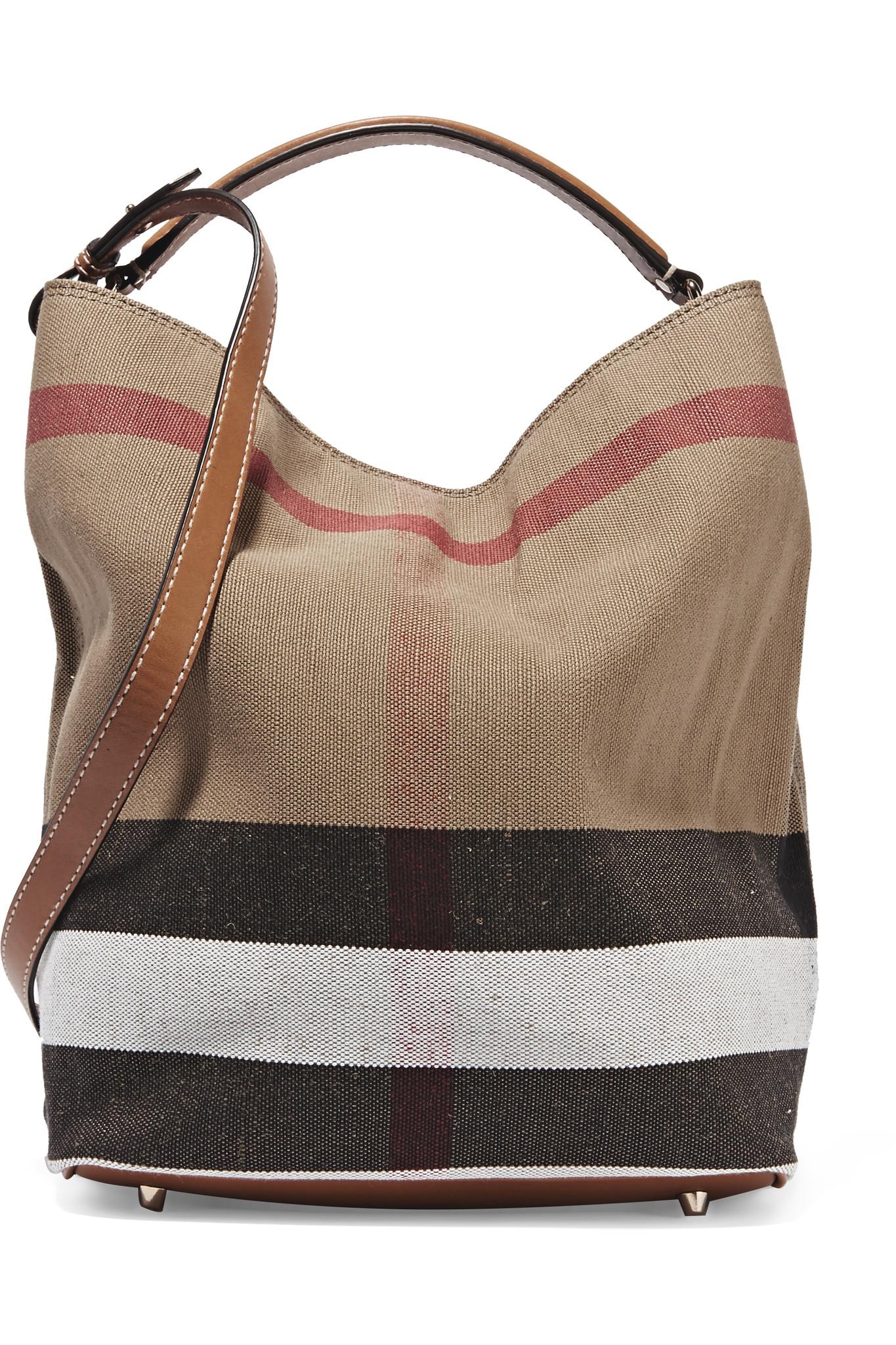 Burberry Leather-trimmed Checked Canvas Hobo Bag in Brown - Lyst