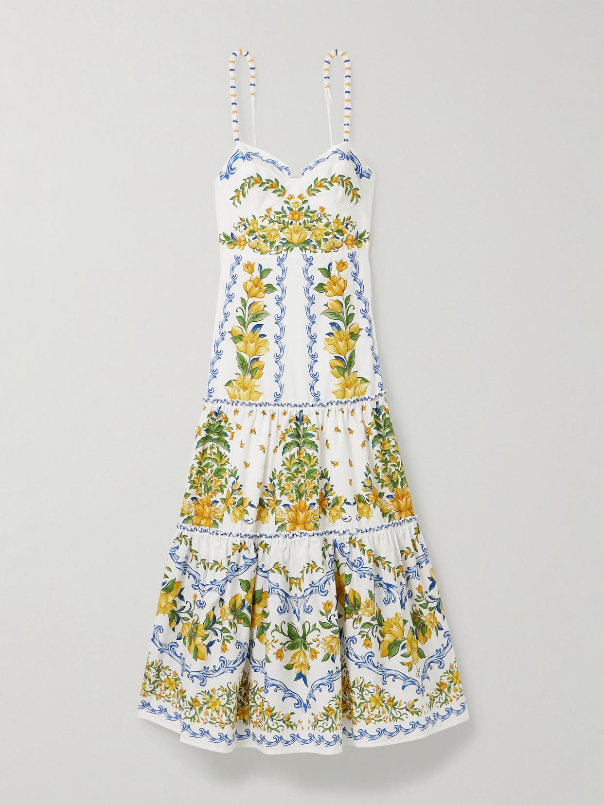 off white sicily organic cotton midi dress FARM Rio Sicily Tiered Bead-Embellished Printed Cotton-Poplin Midi Dress in  White