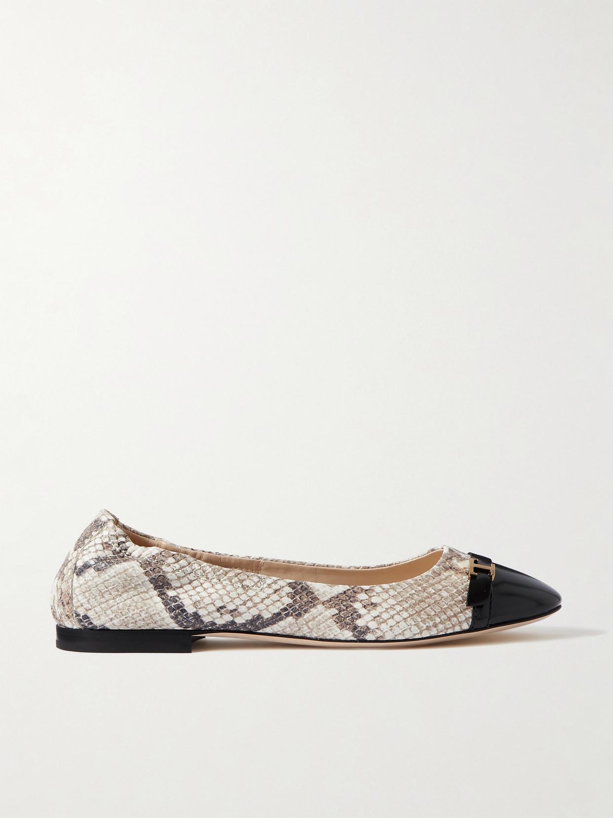 Tod s Embellished Snake effect Leather Ballet Flats in Natural