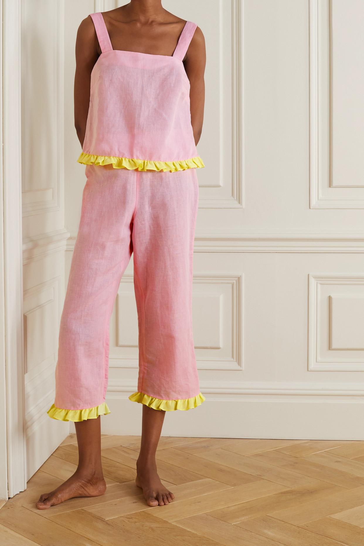 Dora Larsen Emeli Ruffled Linen And Organic Cotton-blend Pajama Set in Pink  | Lyst