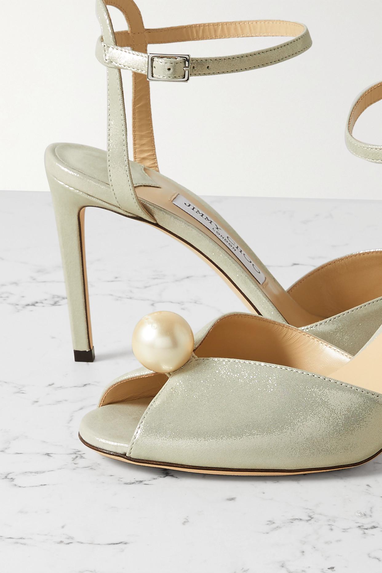 Jimmy Choo Sacora 85 Faux Pearl embellished Metallic Leather