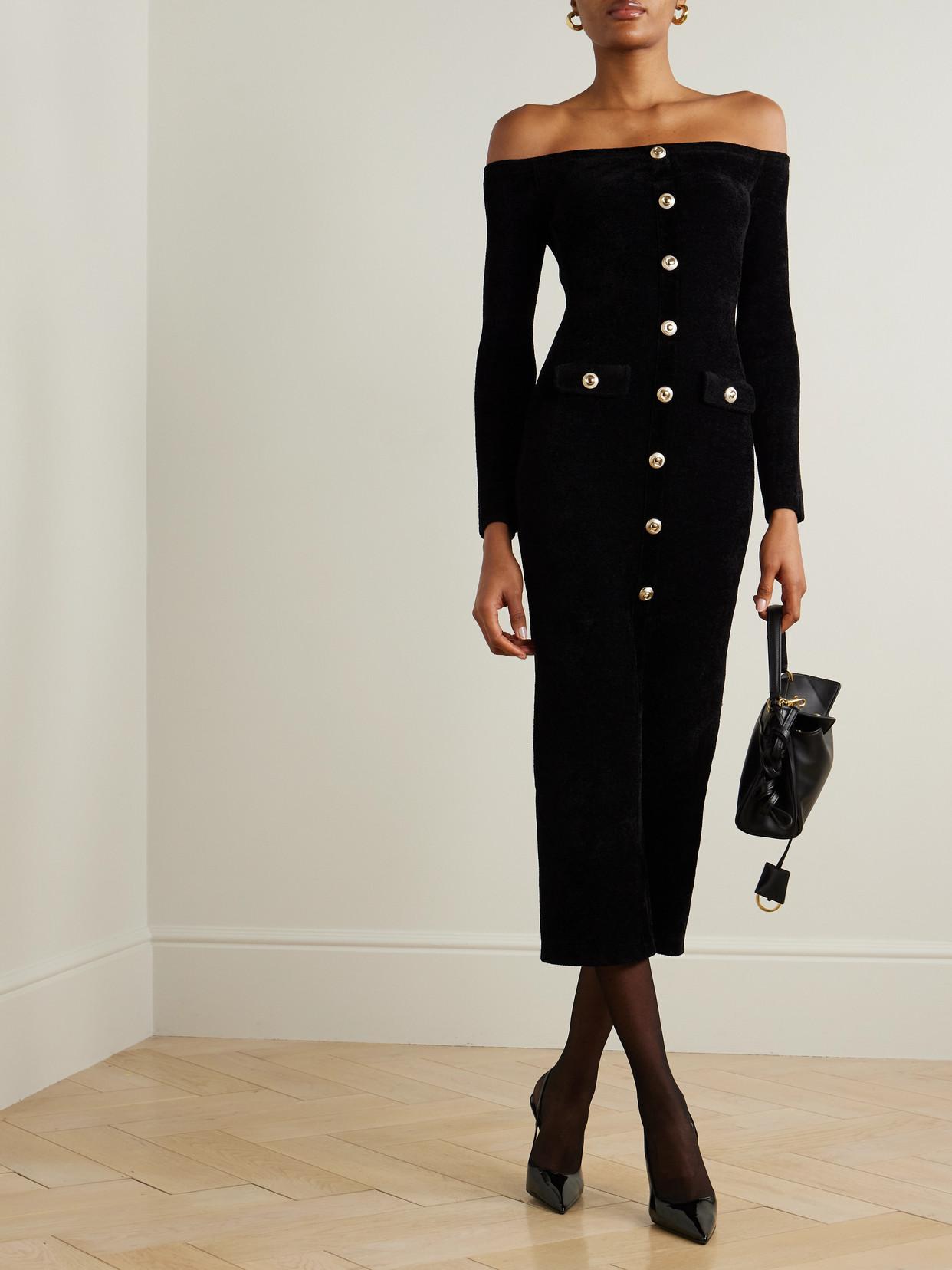 Self-Portrait Off-The-Shoulder Button-Embellished Chenille Midi Dress in  Black | Lyst