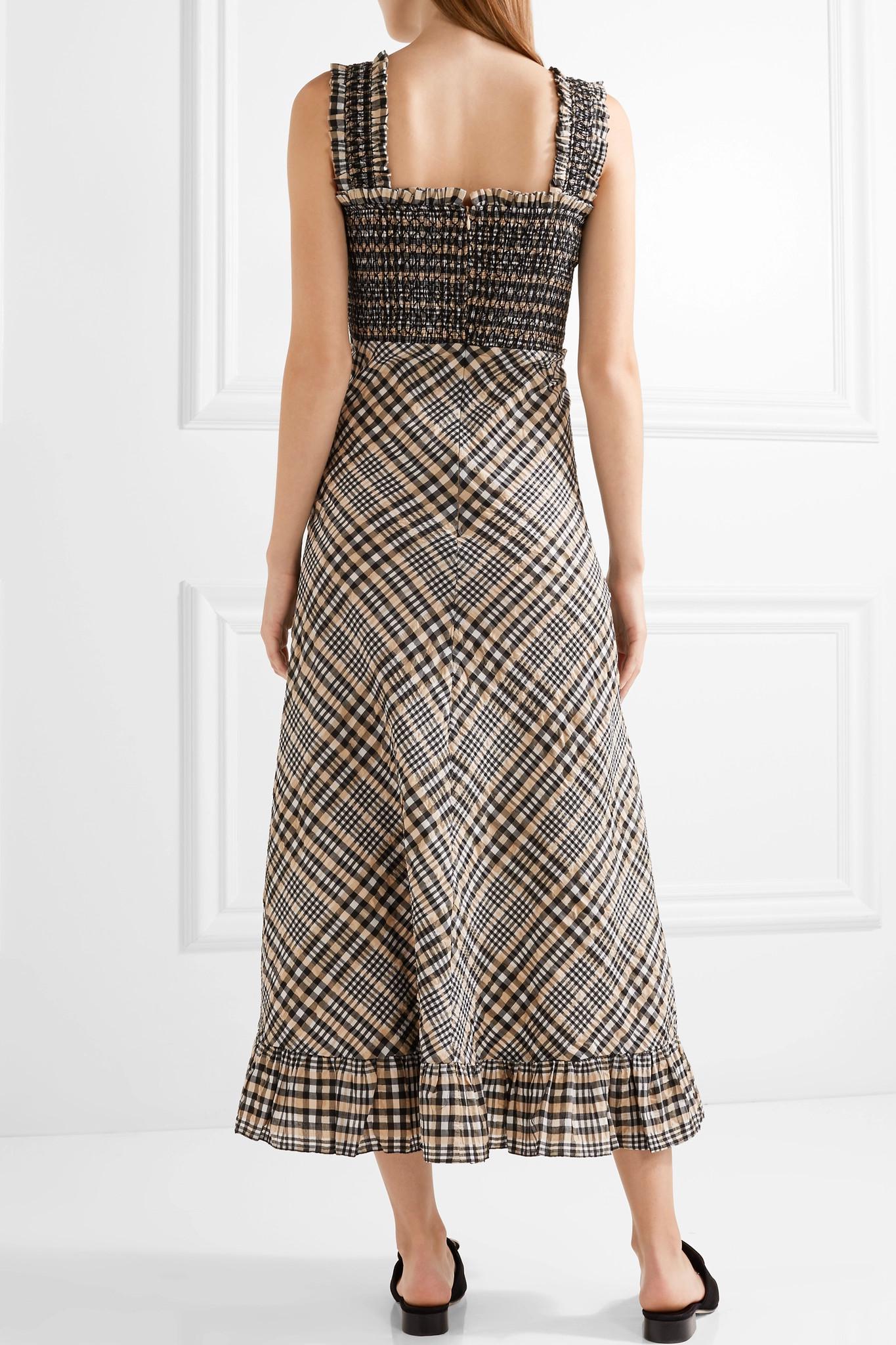 Ganni Charron Checked Cotton-blend Seersucker Maxi Dress in Beige ...