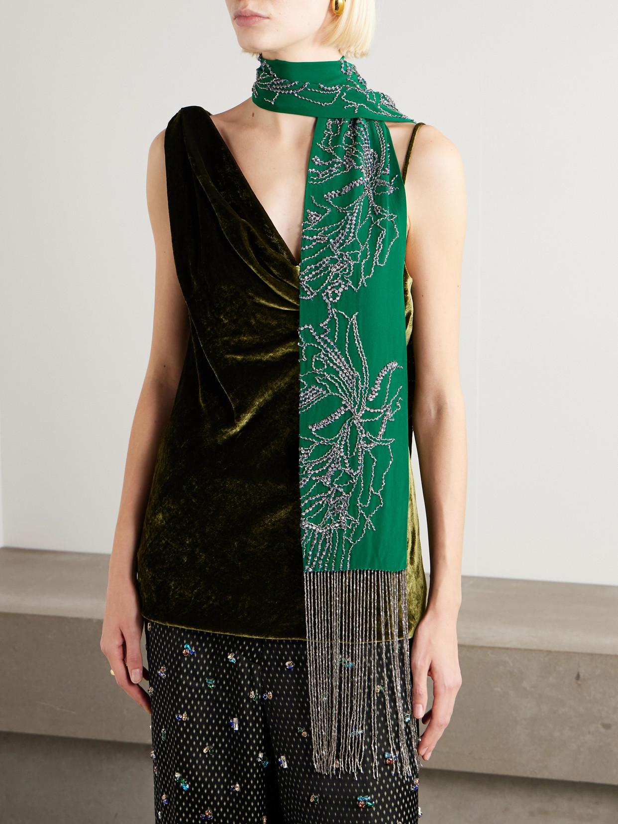 Dries Van Noten Fringed Crystal-Embellished Silk Scarf in Green