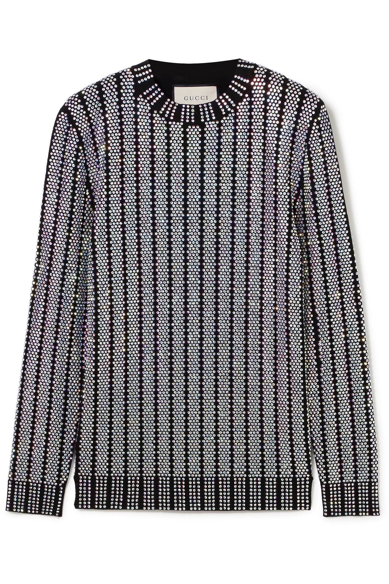 Gucci Denim Crystal-embellished Stretch-knit Sweater in Black | Lyst
