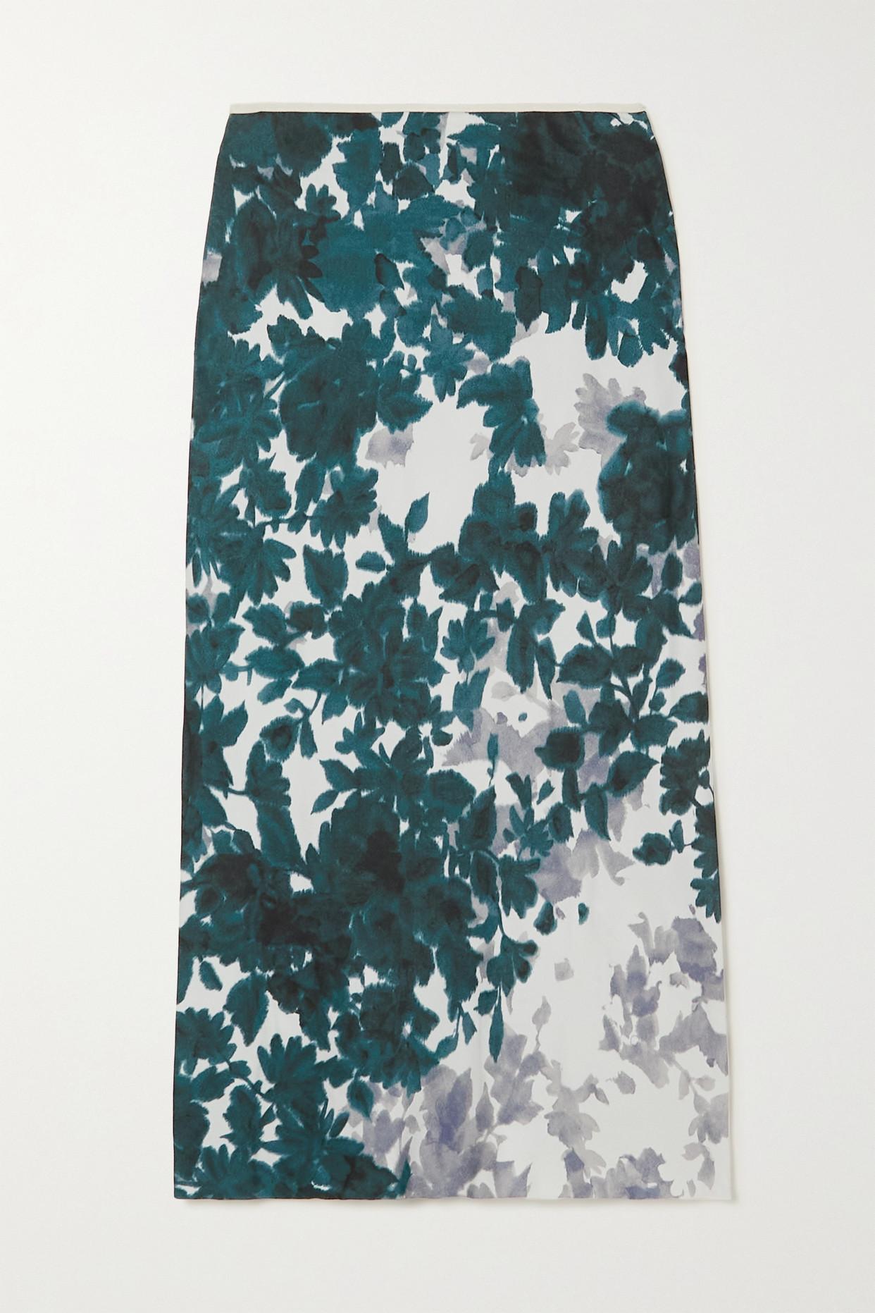 Dries Van Noten Floral-print Duchesse-satin Midi Skirt in Green | Lyst