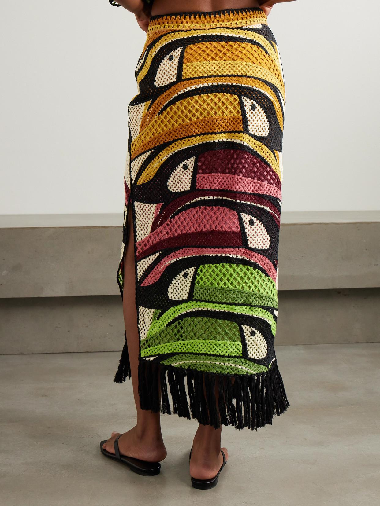 【Farm Rio】ストライプ crochetコットン maxiスカート FARM RIO Fringed striped crocheted cotton midi skirt | NET-A