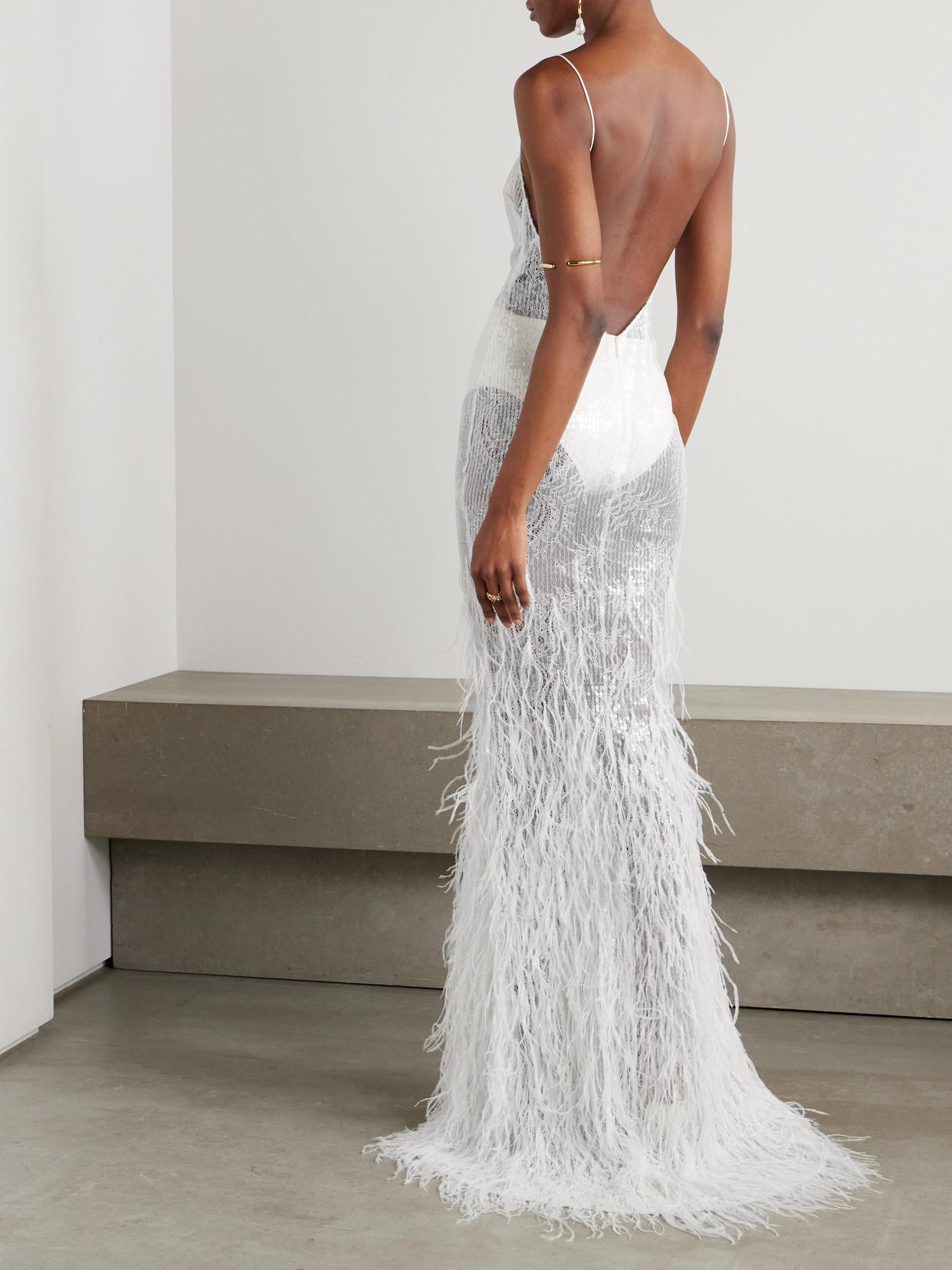 odessa sequin feather dress retroféte Odessa Feather-Trimmed Sequined Lace Gown in White