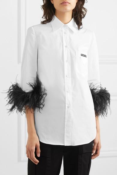 Prada Feather-trimmed Cotton-poplin 