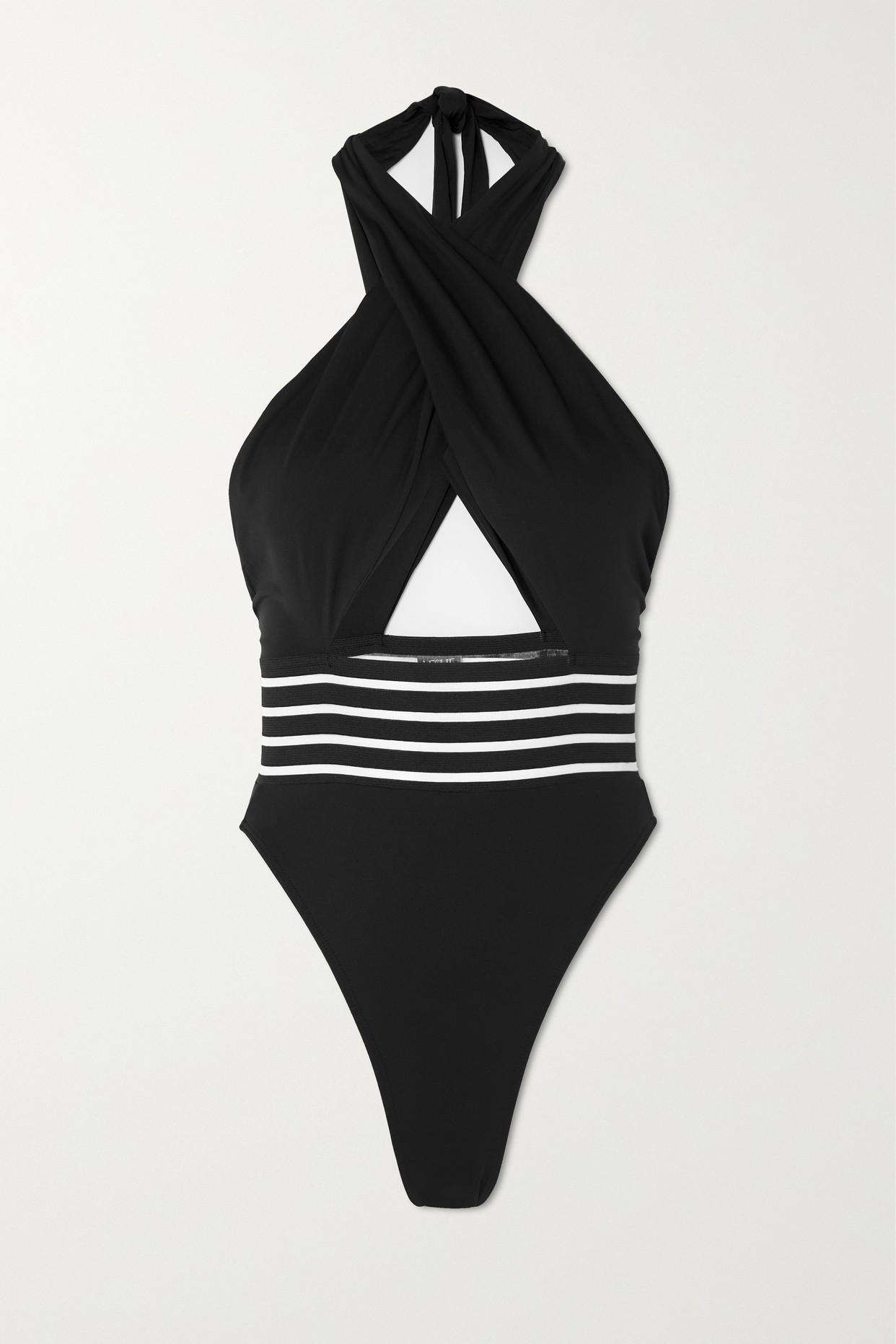 Leslie Amon Cher Striped Halterneck Swimsuit in Black | Lyst
