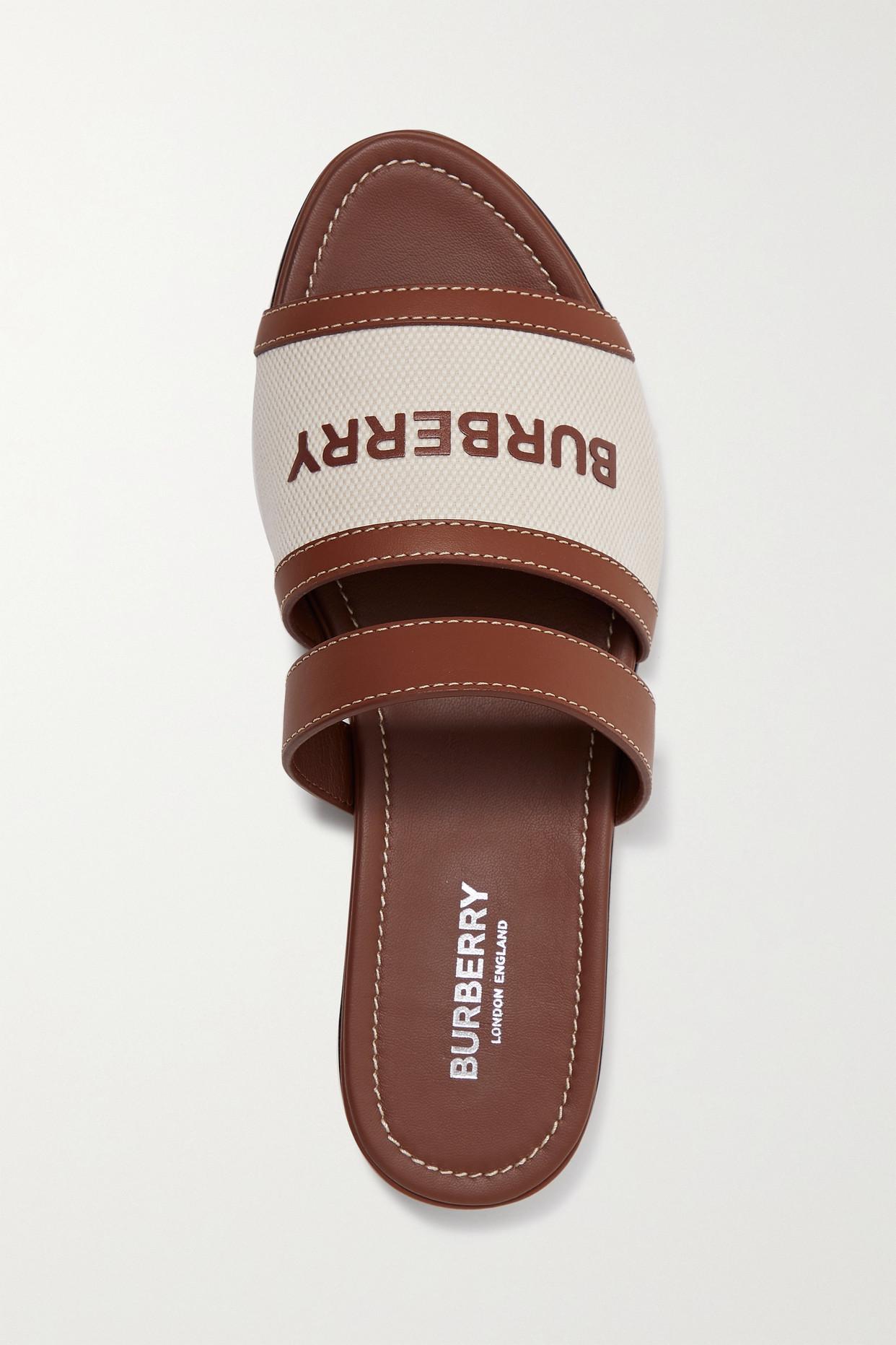 Burberry Logo-appliquéd Leather And Cotton-canvas Slides in Brown 