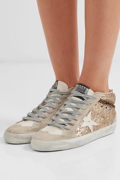 Golden Goose Mid Star Glittered Distressed Leather And Suede Sneakers in  Metallic | Lyst