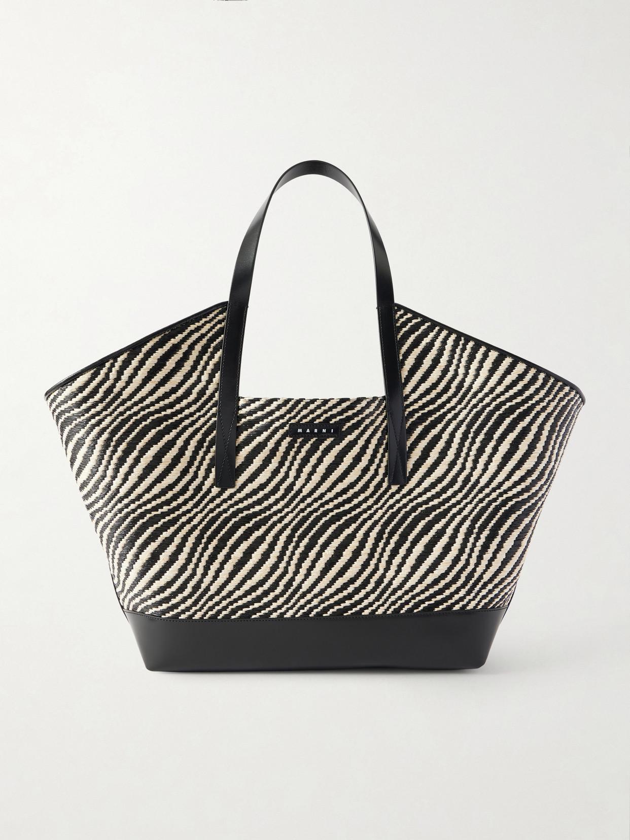 Marni Waves Leather-Trimmed Jacquard Raffia-Like Tote in Black 