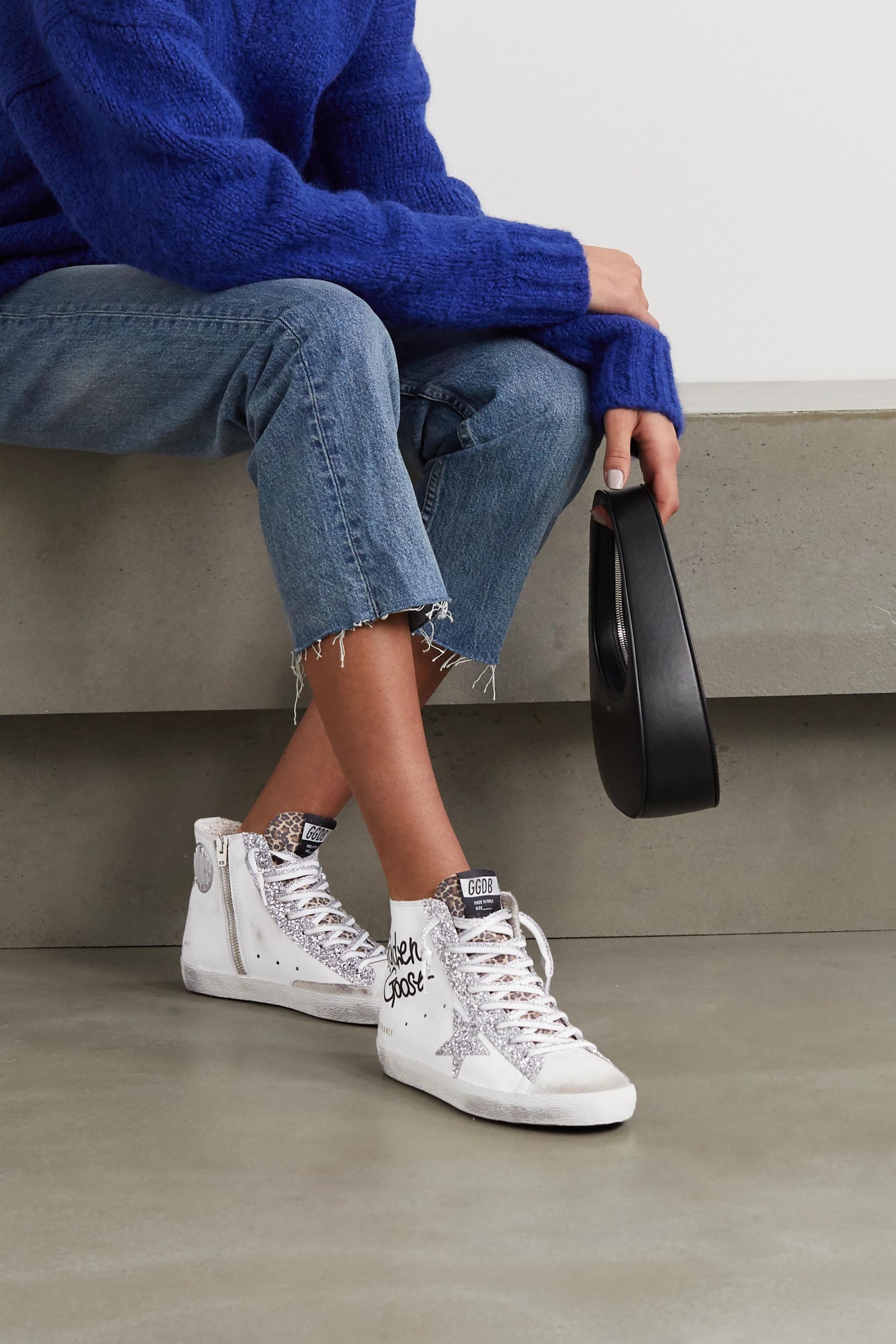 Golden Goose Francy Glittered Distressed Leather And Suede High