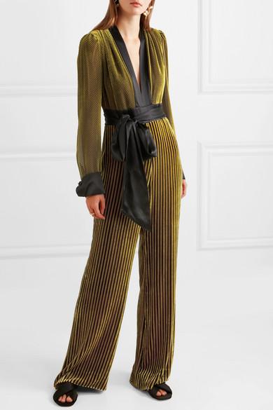 Diane von Furstenberg Satin-trimmed Striped Devoré-velvet Jumpsuit in  Metallic | Lyst