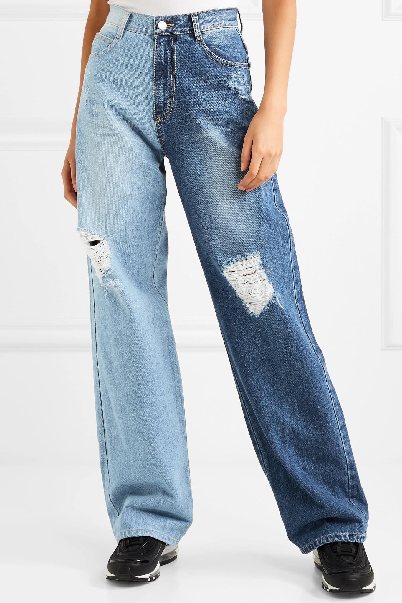 SJYP Denim Two-tone Distressed High-rise Wide-leg Jeans in Mid Denim ...