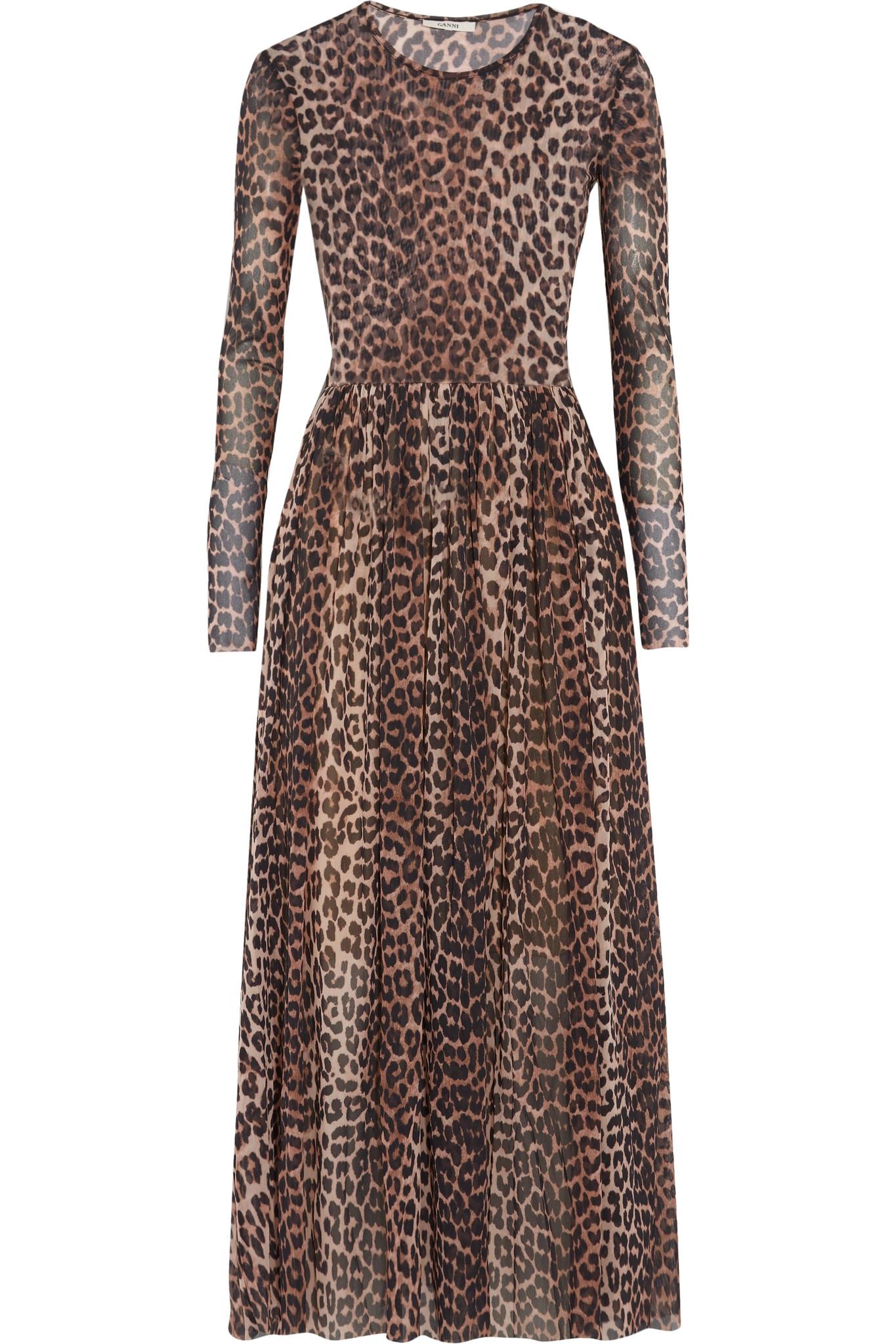 Ganni Tilden Leopard-print Stretch-mesh Dress in Brown | Lyst