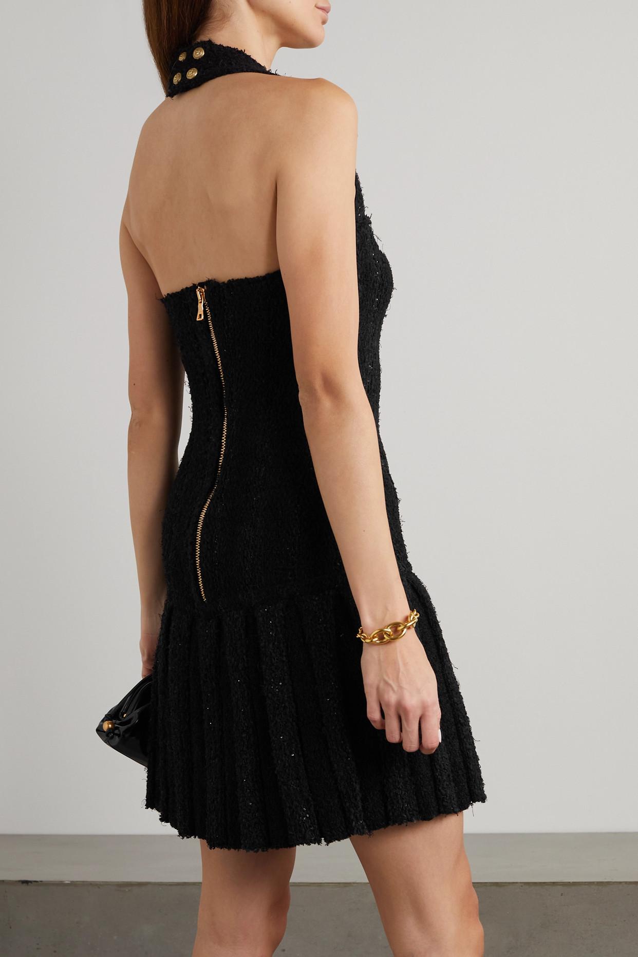 Embellished Pleated Tweed Halterneck Dress in Black |