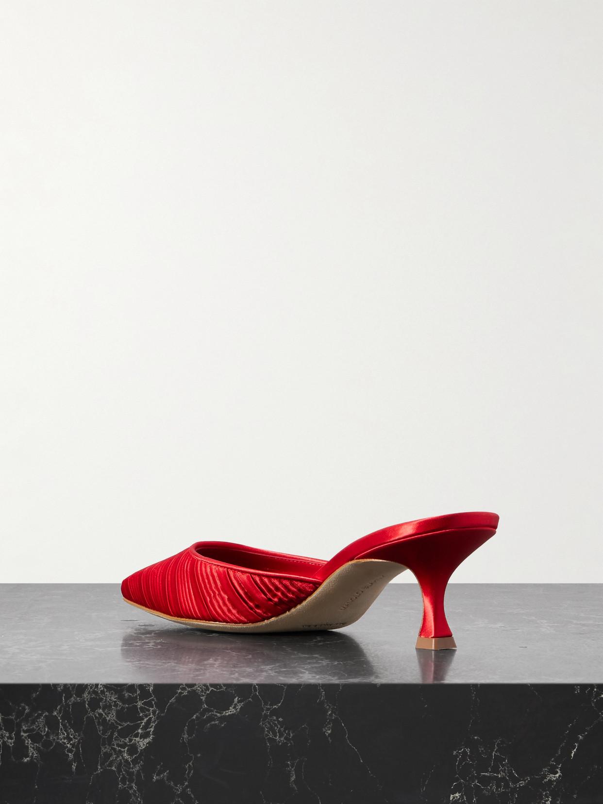 Manolo Blahnik Carolyne 50 Pleated Leather-Trimmed Satin Mules in
