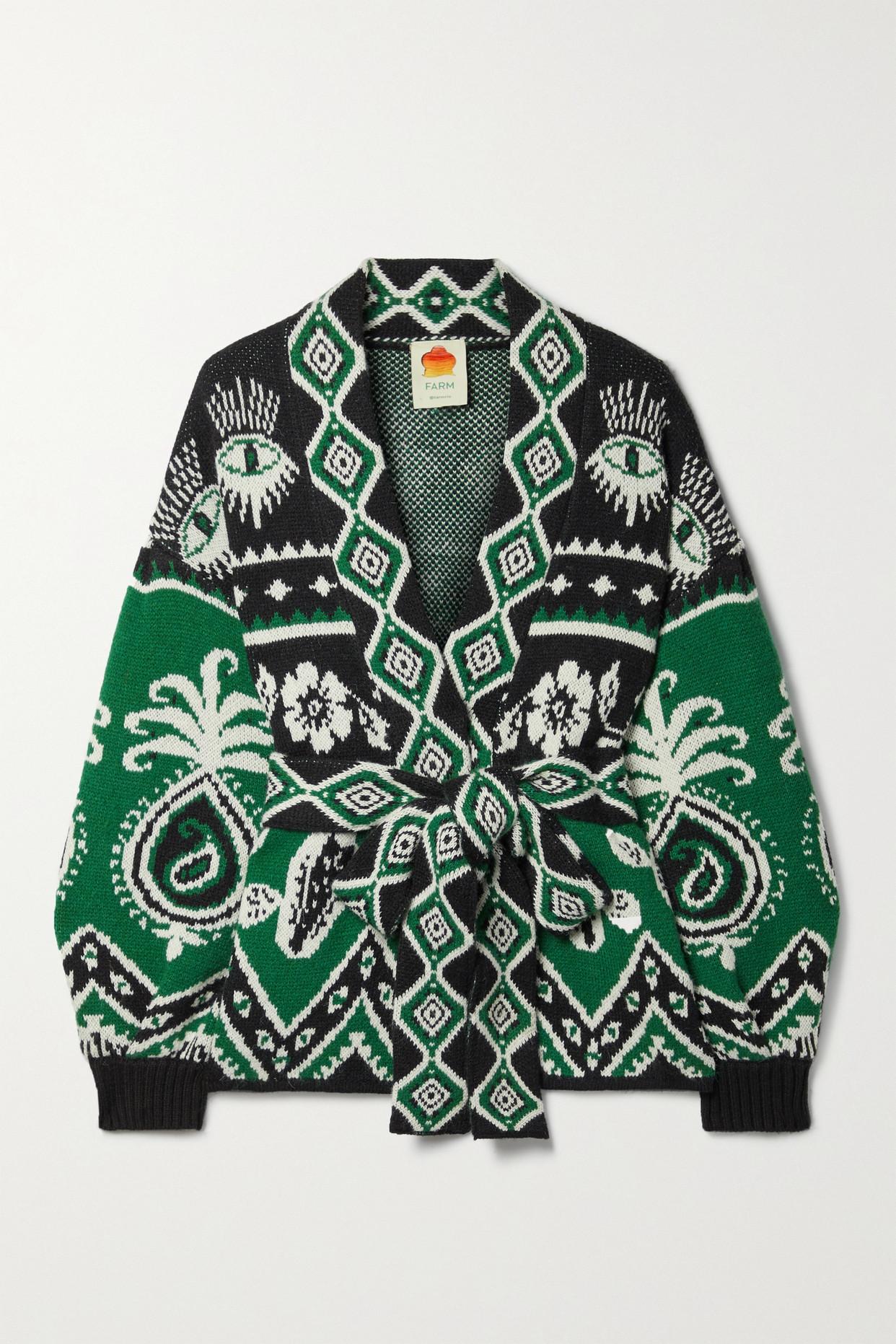 FARM Rio Belted Jacquardknit Cardigan in Green Lyst