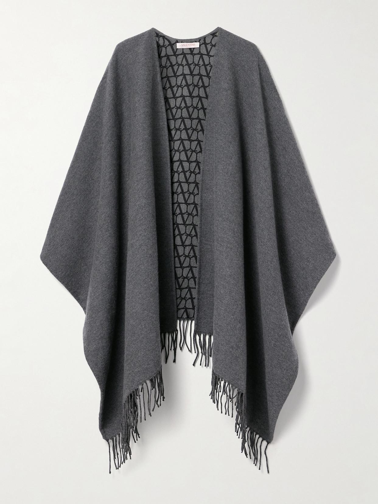 【VALENTINO】crystal-embellished fringed wool-blend poncho Valentino Garavani Fringed Embroidered Wool Poncho - Brown