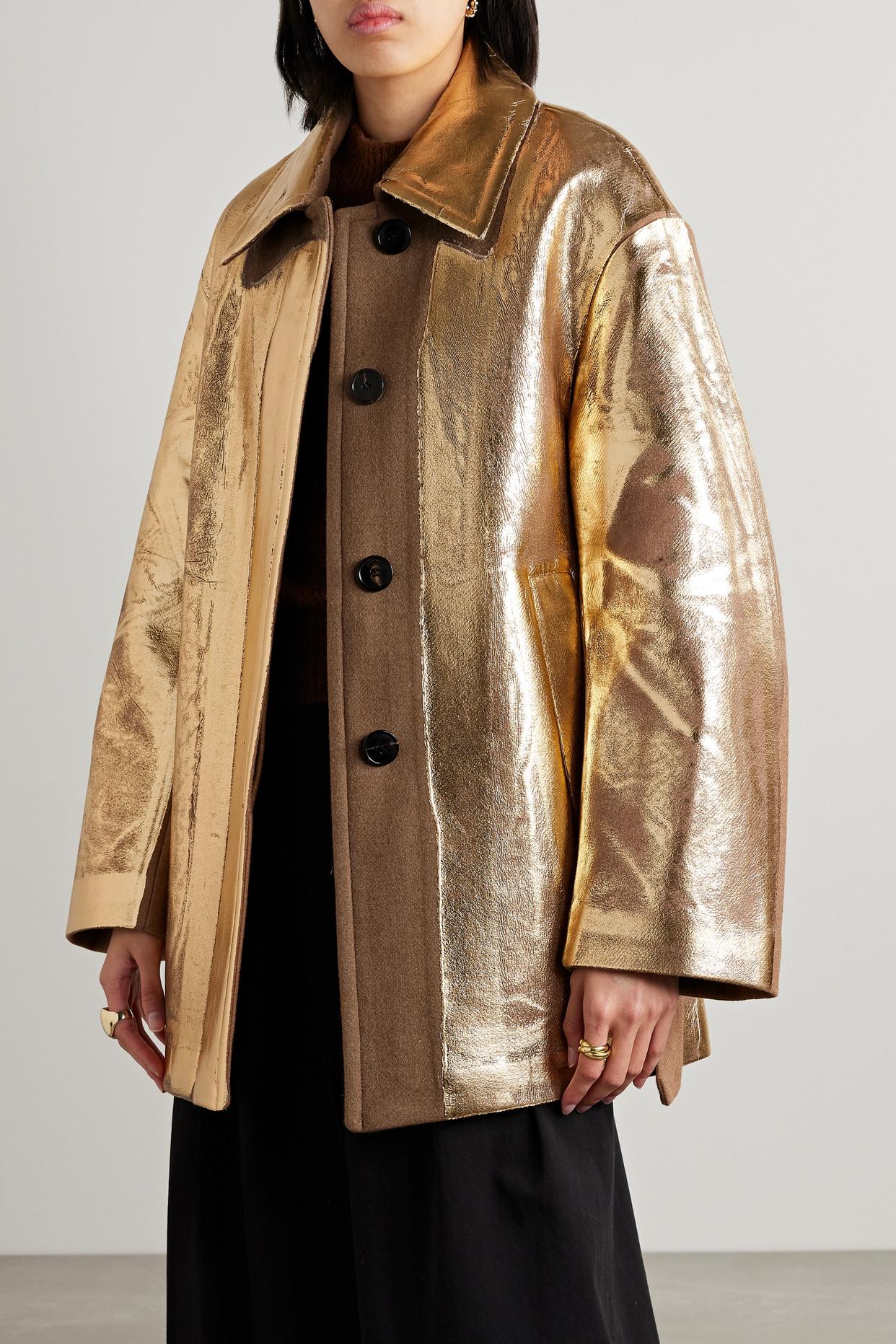 Dries Van Noten Belted Metallic Coated Wool-blend Coat in Natural | Lyst